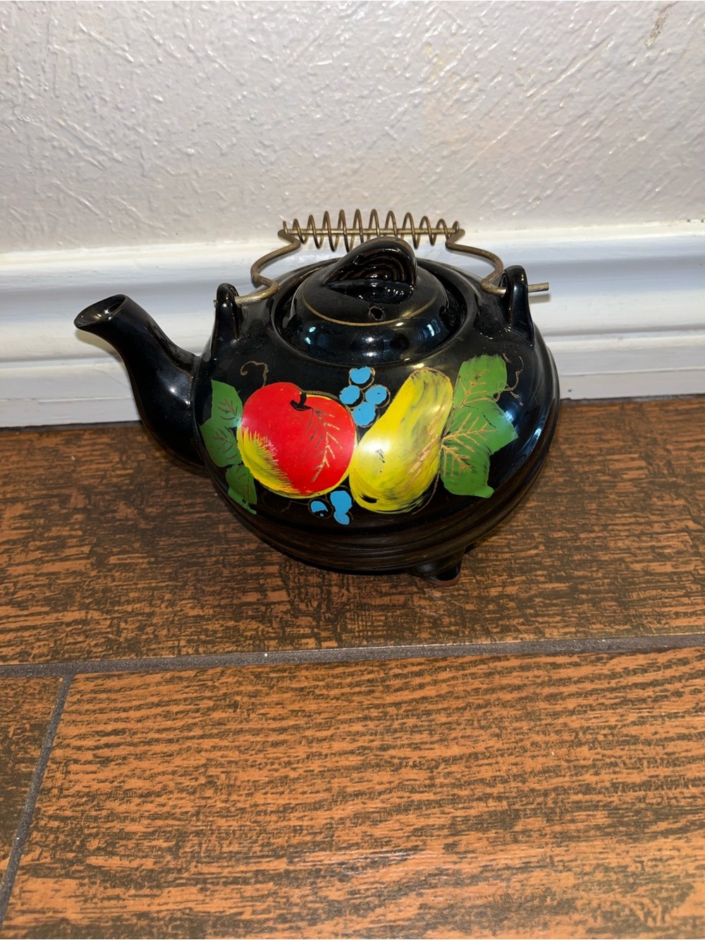 Black Hand-Painted Fruit Teapot with Brass Handle